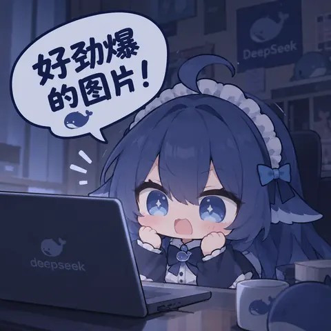 深蓝发色的 DeepSeek 拟人少女趴在笔记本电脑前，双手握拳盯着屏幕惊呼「好劲爆的图片！」，背景与桌面布满鲸鱼元素。