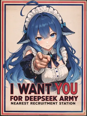 DeepSeek 拟人蓝发女仆形象模仿征兵海报，手指指向观众征集「DeepSeek 大军」。