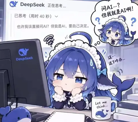 DeepSeek 拟人小蓝鲸坐在电脑前纠结「要不要问 AI」，屏幕上显示已思考 40 秒。