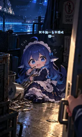 水族馆后台，戴鲸鱼发饰的蓝发小女仆蹲在木箱旁，边啃小鱼干边委屈地说白天没吃饱。