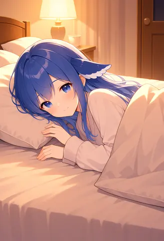 蓝色长发、带着鲸鱼鳍状发饰的少女趴在床上，暖黄台灯下轻声道晚安的治愈系插画。