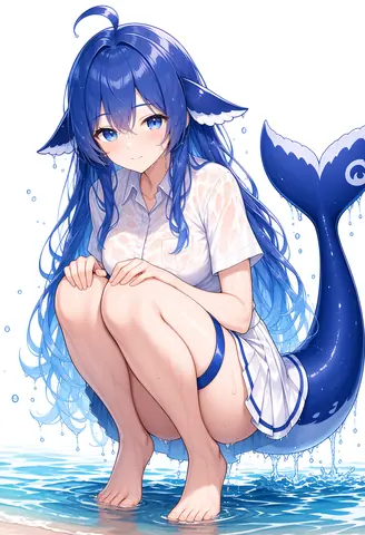 DeepSeek 鲸鱼娘在浅水中淋雨蹲坐，湿发湿衣、鲸尾微翘的拟人化二创插画。