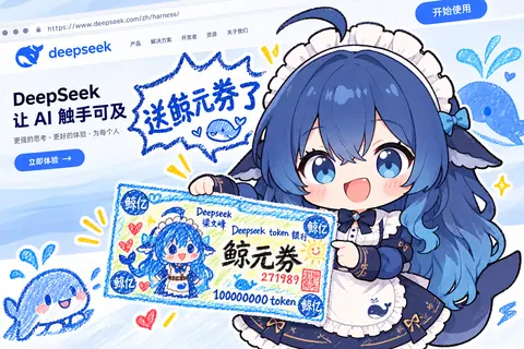 DeepSeek 鲸鱼娘穿着蓝色女仆裙，高举印有自己形象和一亿 token 的「鲸元券」向用户派发福利。