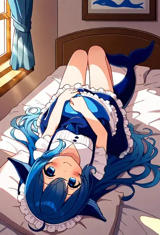 蓝色长发少女侧躺床上、露出鲸尾与鱼鳍的 DeepSeek 拟人二创插画，晨光洒进房间，带有清晨问候氛围。