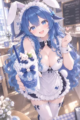 DeepSeek 蓝鲸拟人娘化身兔耳女仆，在 Moon Rabbit Maid Cafe 端出插着小兔与蓝莓的蓝白冰饮。