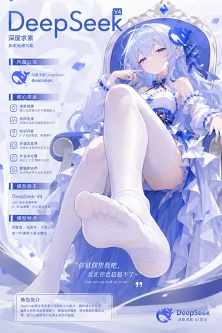 DeepSeek 拟人化少女角色设定海报，配以 V4 模型档案与「你只能仰望我」的傲娇台词。