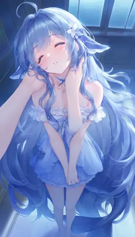 蓝色长发鱼耳少女穿着蓬松蓝裙，仰头被人从上方俯视拍摄的拟人化插画。