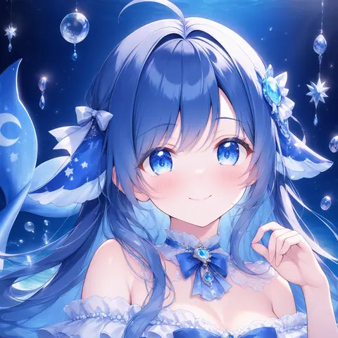 一位蓝发少女立于深海星空中，发间缀有月牙与星辰发饰，颈间蓝色蝴蝶结宝石领饰，身侧可见鲸尾，整体为深蓝梦幻色调的 AI 角色拟人化头像。