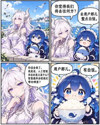 白发角娘认真探讨人工智能存在的意义，蓝发鲸鱼娘却只惦记着去用户那儿整点白饭的四格漫画。