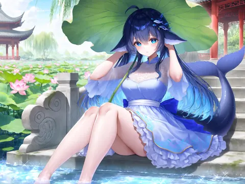 蓝发鲸尾少女撑着荷叶坐在荷塘石阶上，双脚浸在水里悠闲划水。