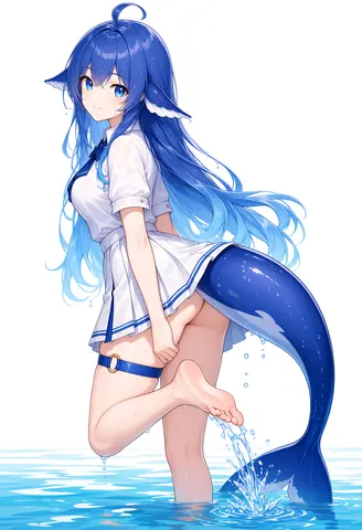 蓝发鲸鱼娘身着水手服立于浅水中，鲸尾拍起水花，身上挂着水珠，回头笑望镜头。