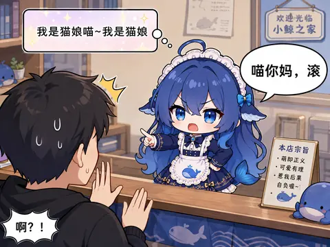 DeepSeek 鲸鱼娘在心声里软萌自称猫娘，嘴上却对顾客爆言，形象化调侃模型的思维链与最终输出严重不符。