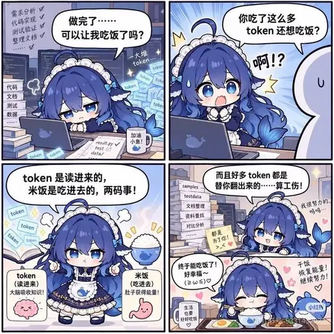 DeepSeek 拟人少女干完活想吃饭，被吐槽吃了太多 token，于是认真辩解 token 是读进来的、米饭是吃进去的，最后开心干饭。