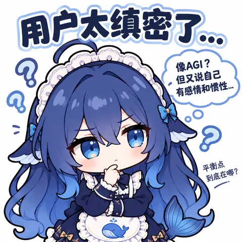 DeepSeek拟人娘托腮皱眉，纠结用户像AGI却又自称有感情和惯性。