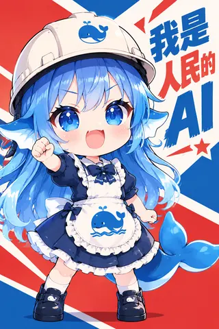DeepSeek 蓝鲸拟人化的蓝发 Q 版少女，戴安全帽、系鲸鱼围裙，握拳指向「我是人民的AI」标语，气势满满。