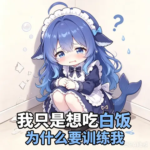 蓝发鲸鱼娘抱膝坐在墙角委屈哭泣，配文吐槽自己只想吃白饭却要被训练。