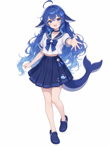 蓝发鲸鱼娘 DeepSeek 娘身穿水手服与深蓝百褶裙，头顶一撮呆毛、身后拖着鲸鱼尾，右脚轻抬，向镜头伸出右手。