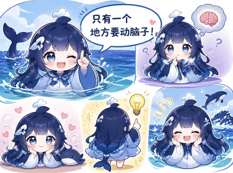 五格分镜中，蓝发鲸鱼娘先说「只有一个地方要动脑子」，随后抱手疑惑、趴着托腮、背身冒灯泡、最后拍脸大笑，背景有鲸鱼跃出水面。