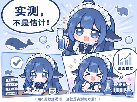 蓝发鲸鱼娘DeepSeek娘举着试管，气泡中写着“实测，不是估计！”；下方分镜显示她写实验记录、观察日志后欢呼“结论成立！”，画面点缀鲸鱼与烧瓶。