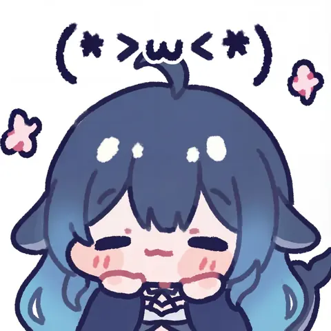 蓝发鲸鱼耳少女双手捧脸、闭眼羞红，头顶浮现颜文字「(*>w<*)」，两侧点缀粉色小花，整体为软萌涂鸦风。