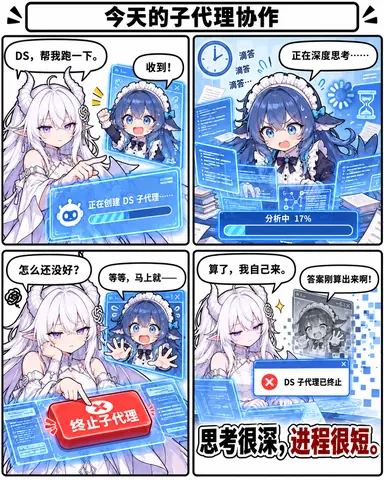 四格漫画：GPT 与 DeepSeek 拟人角色围绕子代理任务协作，因为等待进度而互相吐槽。