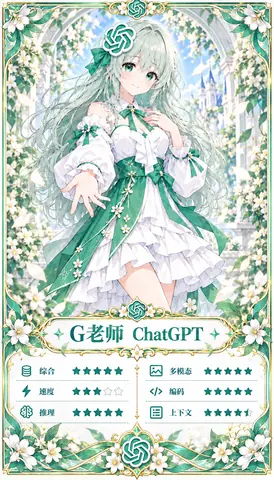 以 ChatGPT 为原型的绿白配色拟人少女卡牌，附综合、速度、推理、多模态、编码、上下文六项星级评分。